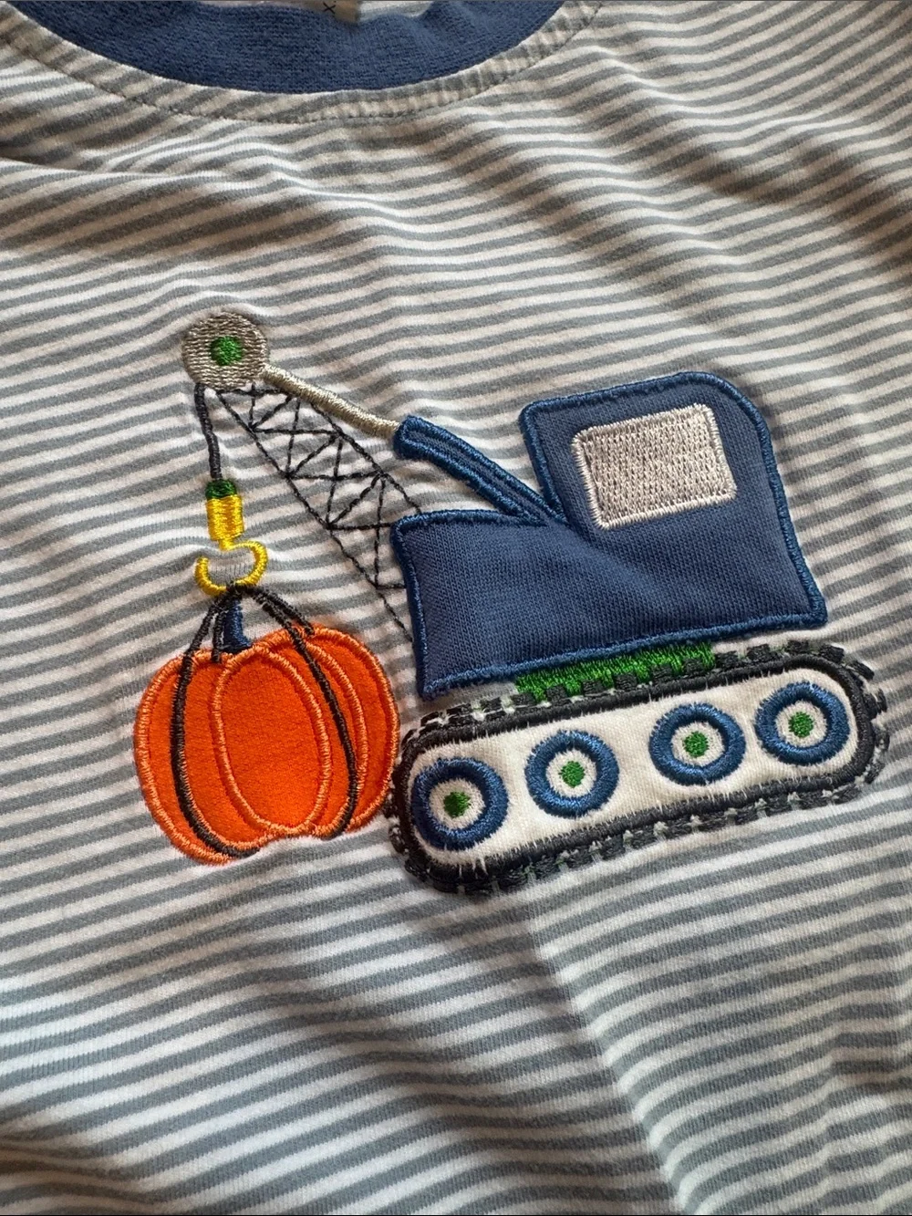 Boys Blue Striped Pant Set with Excavator and Pumpkin Patch